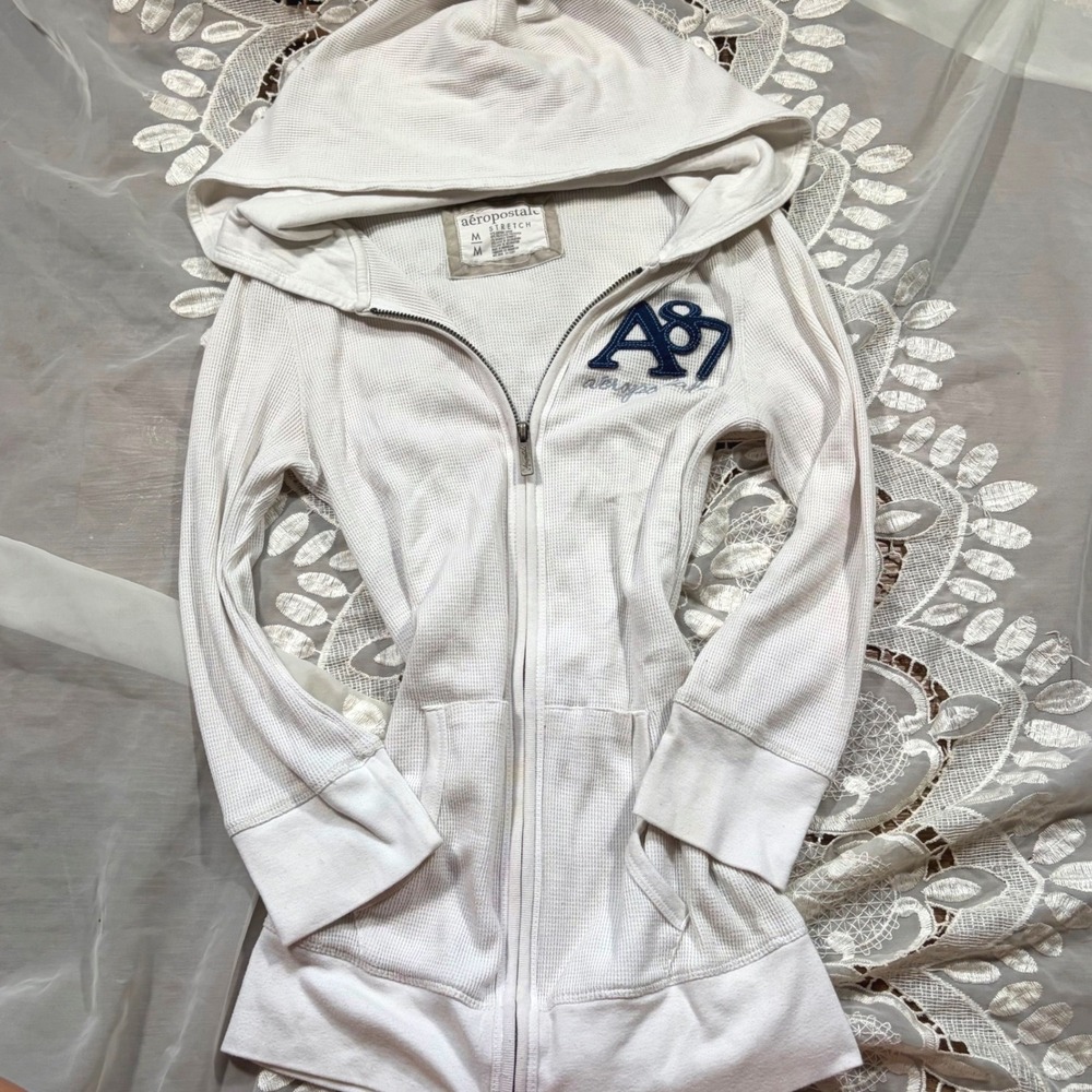 Y2K Preppy Aeropostale White Waffle Knit Thermal Full Zip Hoodie A87 Logo Size M